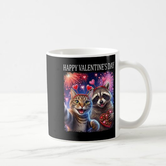 Happy Valentines 2026 Cute Cat Raccoon Party Art  コーヒーマグカップ (右)