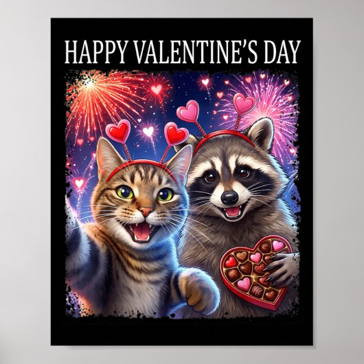 Happy Valentines 2026 Cute Cat Raccoon Party Art  ポスター (正面)