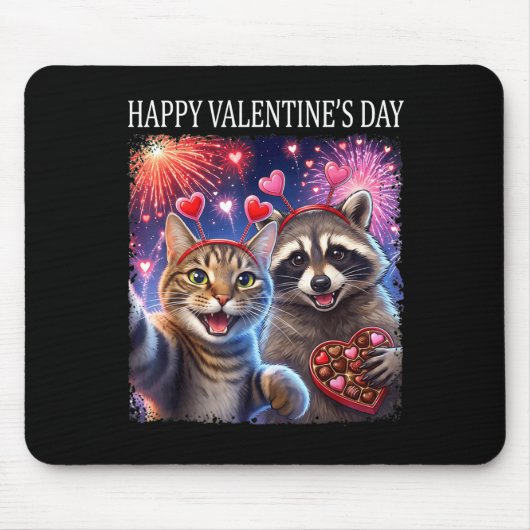 Happy Valentines 2026 Cute Cat Raccoon Party Art  マウスパッド (正面)