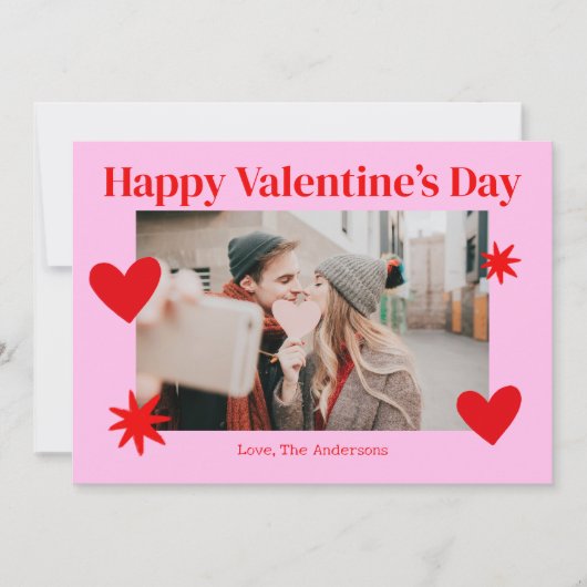 Happy Valentines Dayハートピンクフォトカード サンキューカード (正面)