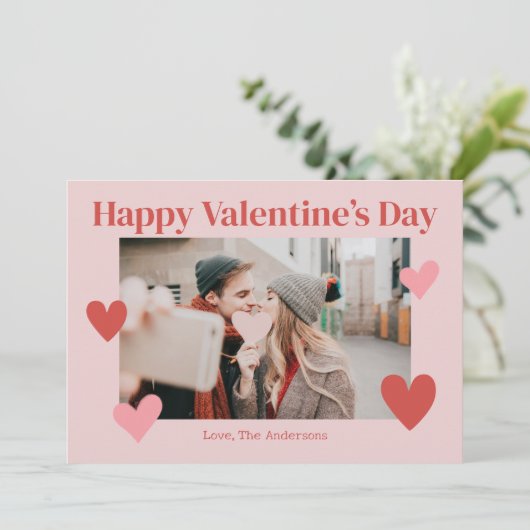 Happy Valentines Dayハートピンクフォトカード サンキューカード (スタンド正面)