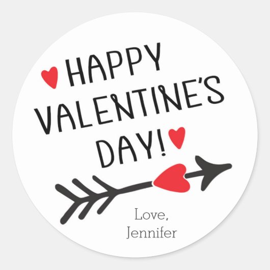 HAPPY VALENTINE'S DAY かわいい赤いハートと矢印 モダン ラウンドシール (正面)