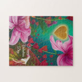 Happy Valentines Day – ピンク色の花とハート ジグソーパズル (横)