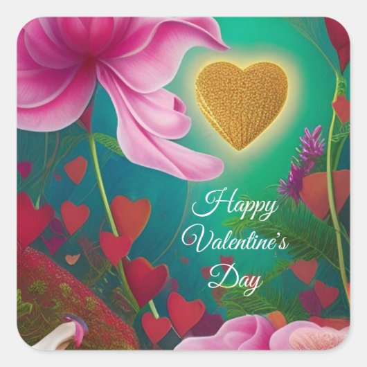 Happy Valentines Day – ピンク色の花とハート スクエアシール (正面)
