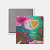 Happy Valentines Day – ピンク色の花とハート マグネット (正面/裏面)
