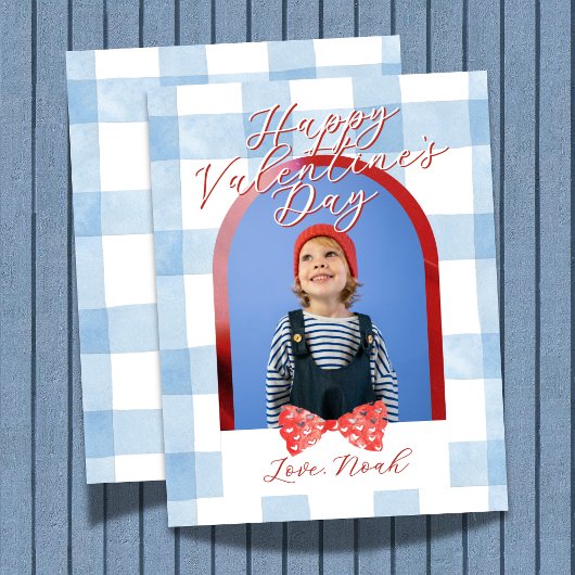 Happy Valentine's Day Arch Photo Blue Gingham Card シーズンカード
