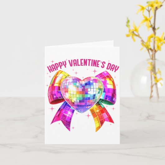 Happy Valentine's Day Coquette Disco Ball Heart Gi カード (黄色い花)