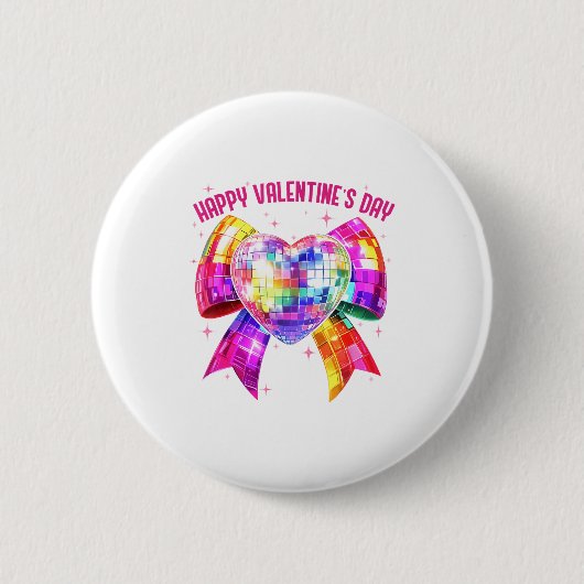 Happy Valentine's Day Coquette Disco Ball Heart Gi 缶バッジ (正面)