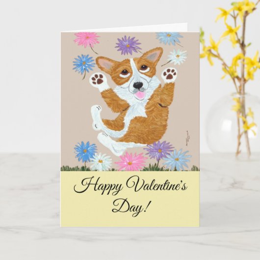 Happy Valentine's Day Corgi Doggie Card カード (黄色い花)