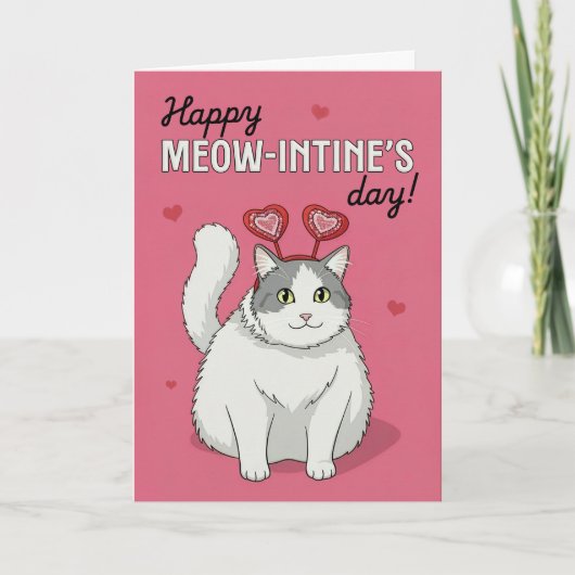 Happy Valentines Day Cute Cat With Heart Headband シーズンカード (正面)