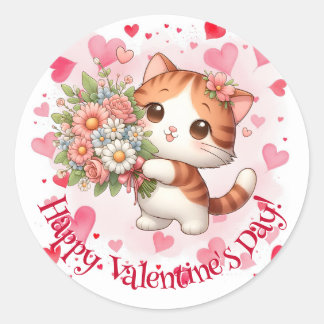 Happy Valentine's Day Cute Kitty Hearts ラウンドシール