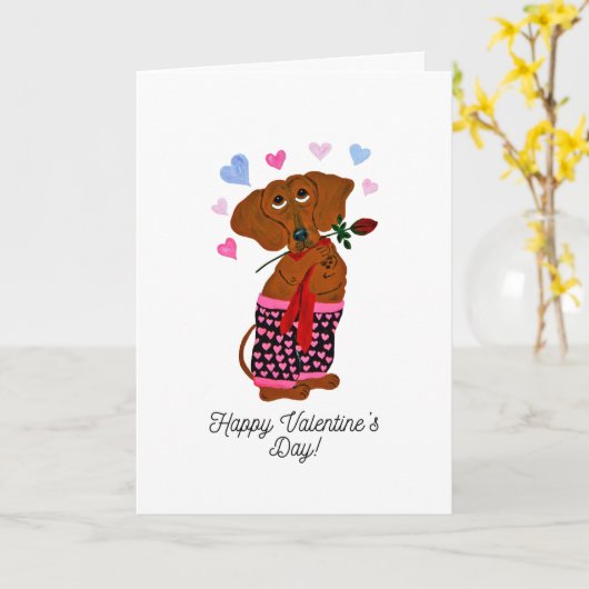 Happy Valentine's Day Dachshund Doggie Card カード (黄色い花)