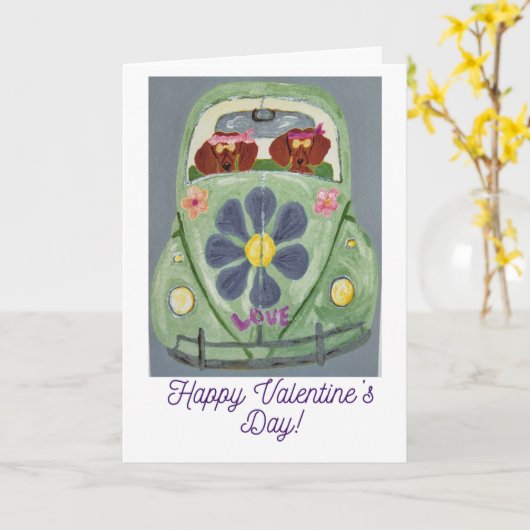 Happy Valentine's Day Dachshund Doggie Card カード (黄色い花)