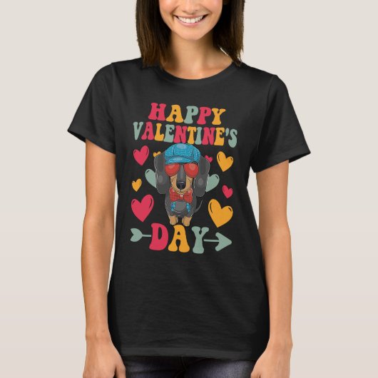 Happy Valentines Day Dachshund Heart Love Groovy Tシャツ (正面)