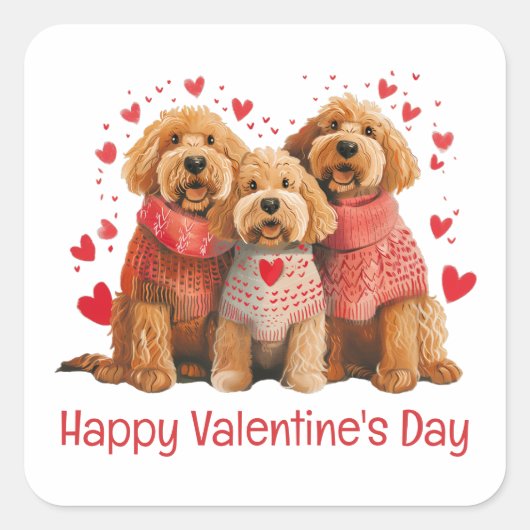 Happy Valentines Day Goldendoodle Dogs スクエアシール (正面)