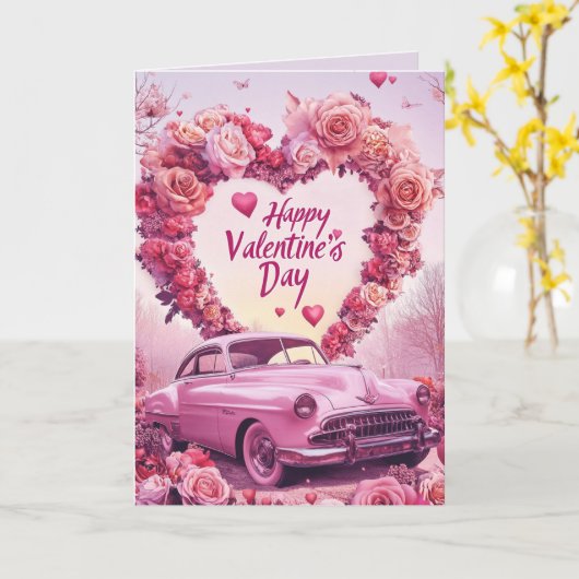 Happy Valentines day Heart and Roses Pink card カード (黄色い花)