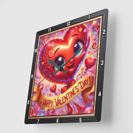 Happy Valentines Day Heart Character スクエア壁時計 (傾斜)
