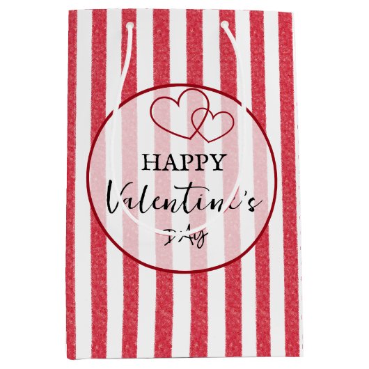 Happy Valentine's Day Heart Stripes Gift Bag ミディアムペーパーバッグ (正面)