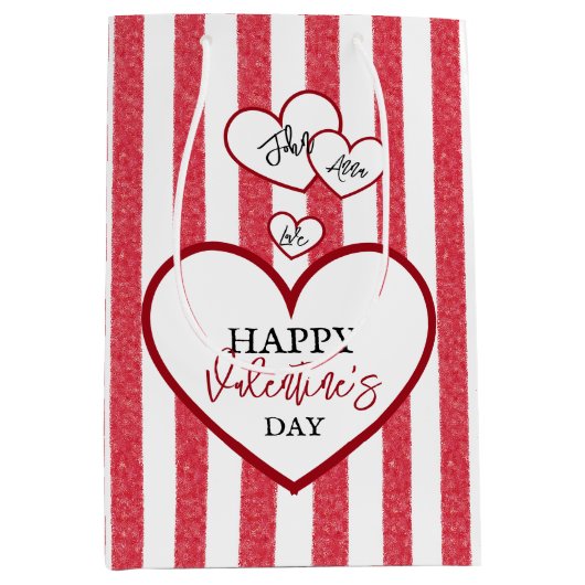 Happy Valentine's Day Hearts Chalk Stripes ミディアムペーパーバッグ (正面)