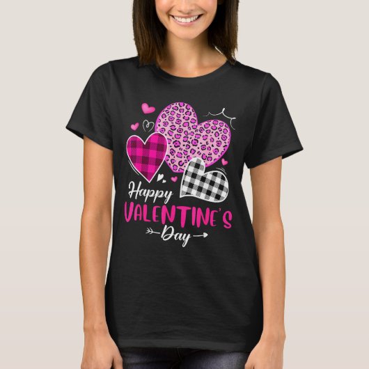 Happy Valentine's Day Leopard And Plaid Hearts Gir Tシャツ (正面)