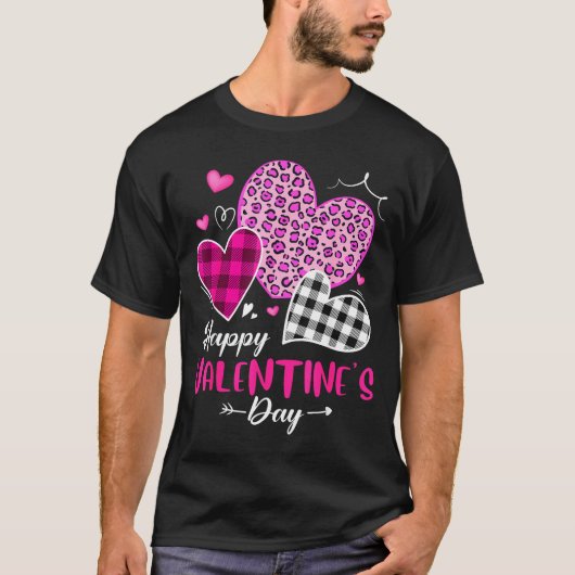Happy Valentine's Day Leopard And Plaid Hearts Gir Tシャツ (正面)