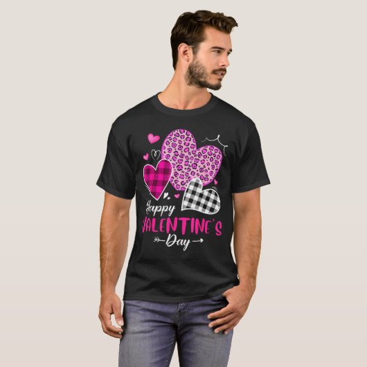 Happy Valentine's Day Leopard And Plaid Hearts Gir Tシャツ (正面フル)