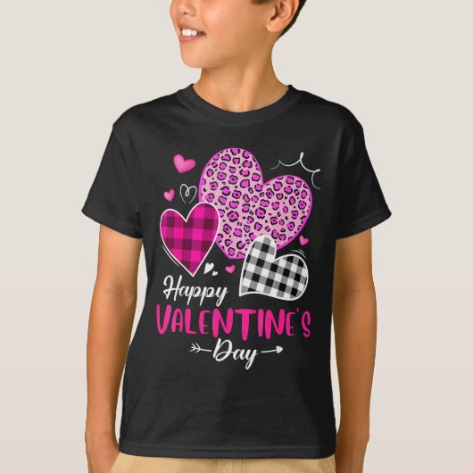 Happy Valentine's Day Leopard And Plaid Hearts Gir Tシャツ (正面)