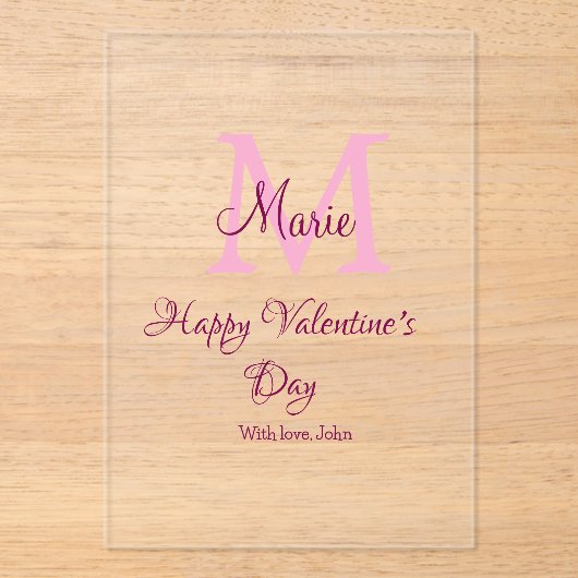 Happy valentine's day monogram pink name love girl アクリル招待状 (正面)