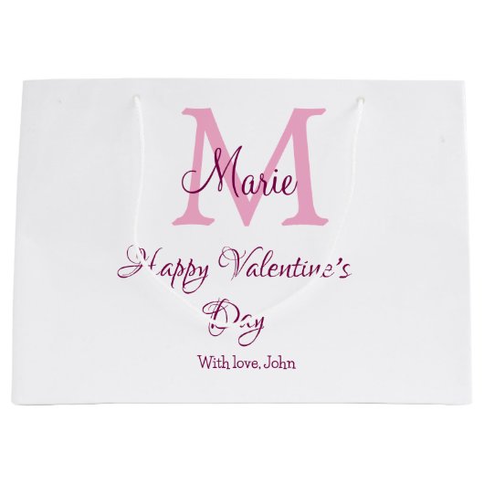 Happy valentine's day monogram pink name love girl ラージペーパーバッグ (正面)