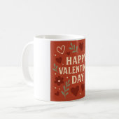 Happy Valentine's Day Mug – Red Hearts & Floral Lo コーヒーマグカップ (正面左)