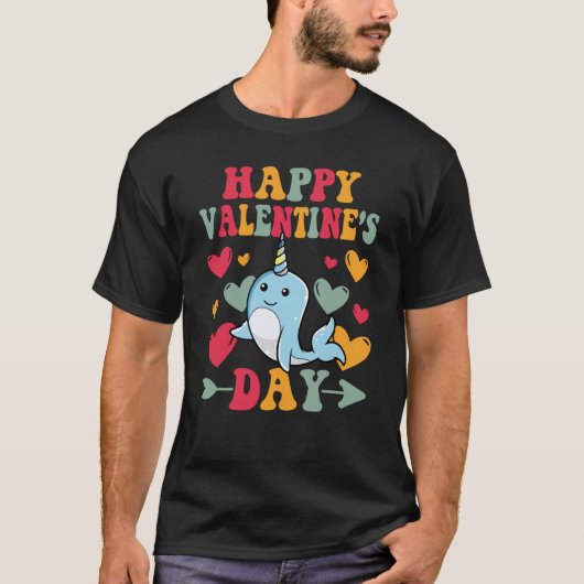 Happy Valentines Day Narwhal Heart Love Groovy Tシャツ (正面)