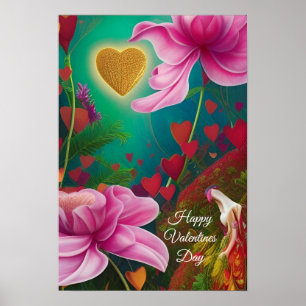 Happy Valentines Day -Pink Flowers and Hearts ポスター