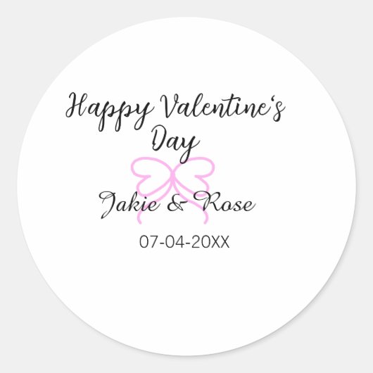 Happy Valentine's day pink heart bow name date sty ラウンドシール (正面)