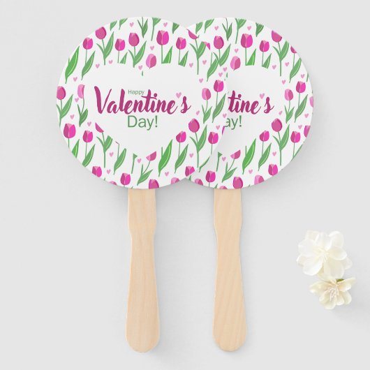 Happy Valentine's Day Pink Tulips ハンドファン (正面&裏面)