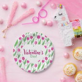 Happy Valentine's Day Pink Tulips ペーパープレート (パーティー)