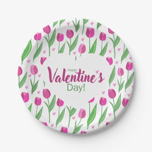 Happy Valentine's Day Pink Tulips ペーパープレート (正面)