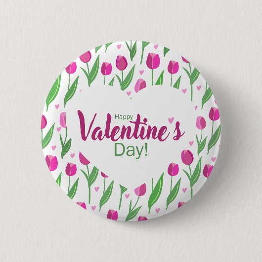 Happy Valentine's Day Pink Tulips 缶バッジ (正面)