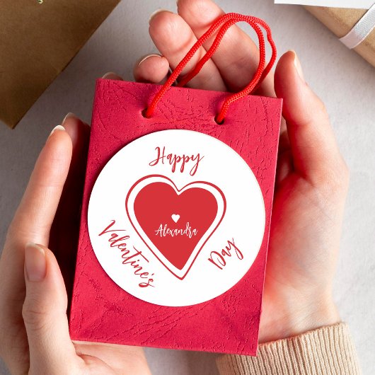 Happy Valentines Day red heart script name ラウンドシール