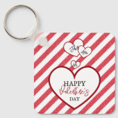 Happy Valentine's Day Red Hearts Chalk Stripes キーホルダー (正面)