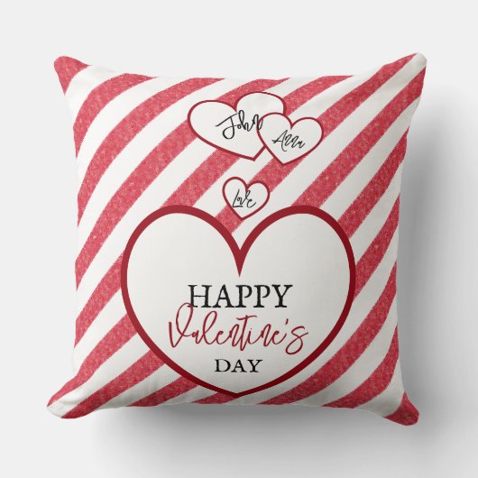 Happy Valentine's Day Red Hearts Chalk Stripes クッション (正面)