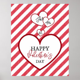 Happy Valentine's Day Red Hearts Chalk Stripes ポスター