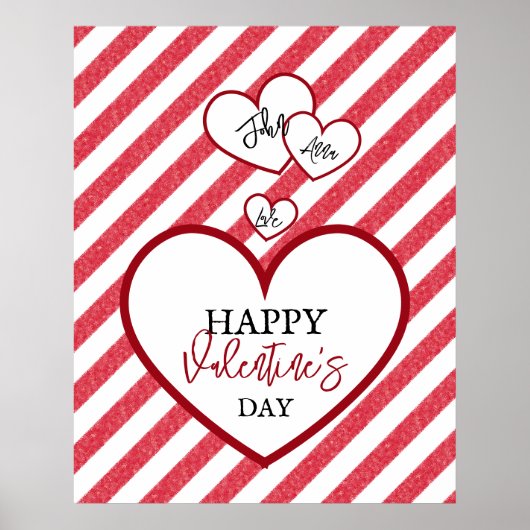 Happy Valentine's Day Red Hearts Chalk Stripes ポスター (正面)