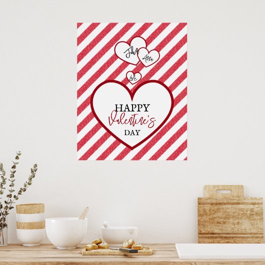 Happy Valentine's Day Red Hearts Chalk Stripes ポスター (キッチン)