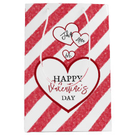 Happy Valentine's Day Red Hearts Chalk Stripes ミディアムペーパーバッグ