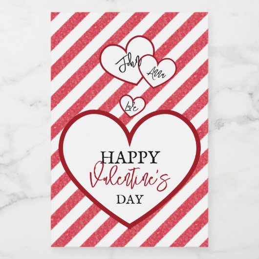 Happy Valentine's Day Red Hearts Chalk Stripes ワインラベル (シングルラベル)