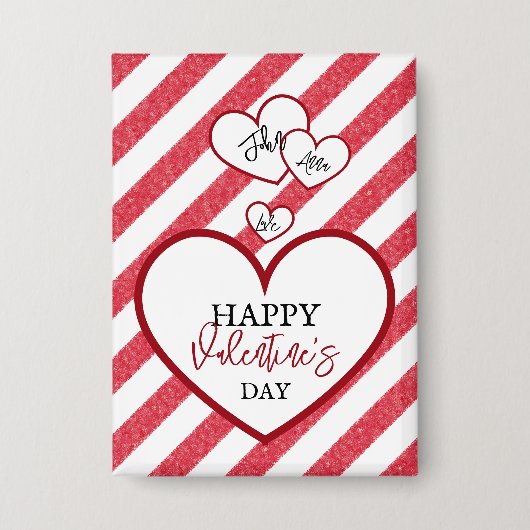 Happy Valentine's Day Red Hearts Chalk Stripes 缶バッジ (正面)
