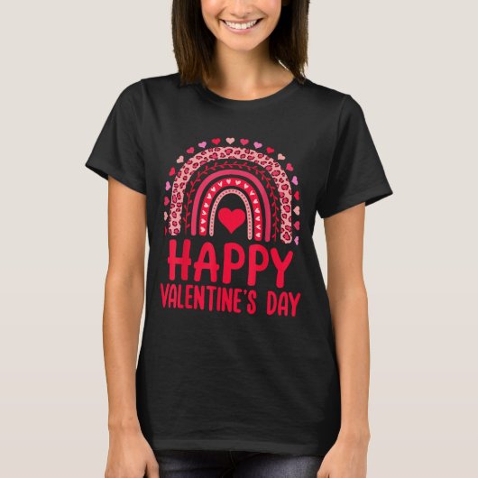 Happy Valentines Day Red Hearts Rainbow Leopard Wo Tシャツ (正面)
