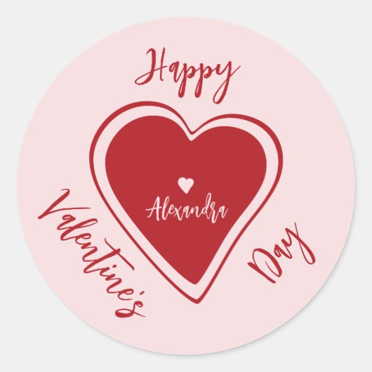 Happy Valentines Day red pink heart script name ラウンドシール (正面)