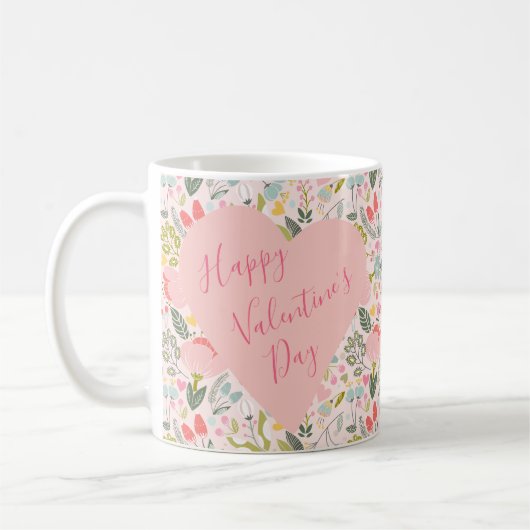 Happy Valentines Day script cute pink heart コーヒーマグカップ (左)