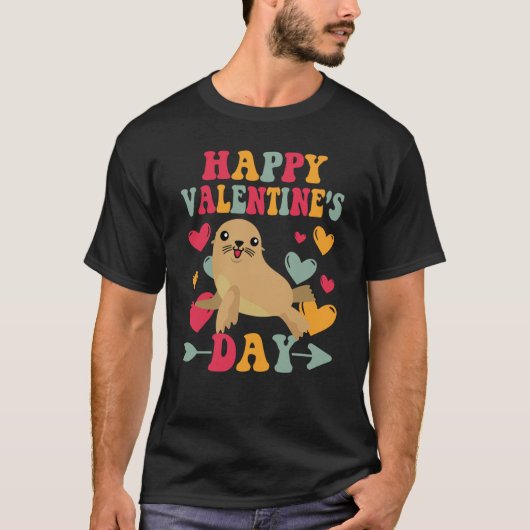 Happy Valentines Day Sea Lion Heart Love Groovy Tシャツ (正面)